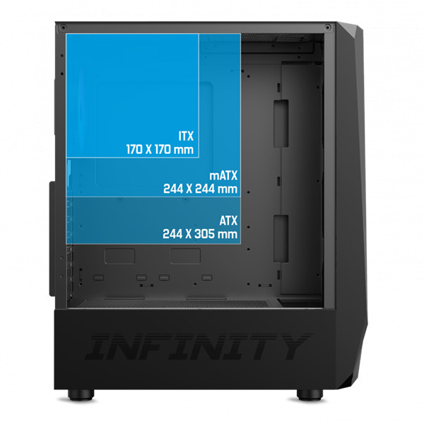 Spirit of gamer számítógépház - infinity black (fekete, ablakos, 8x12cm ventilátor, alsó táp,  atx, 1xusb3.0, 2xusb2.0)