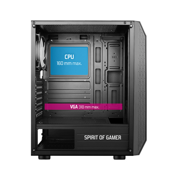 Spirit of gamer számítógépház - rogue vi rgb (fekete, ablakos, 8x12cm ventilátor, alsó táp,  atx, 1xusb3.0, 2xusb2.0)