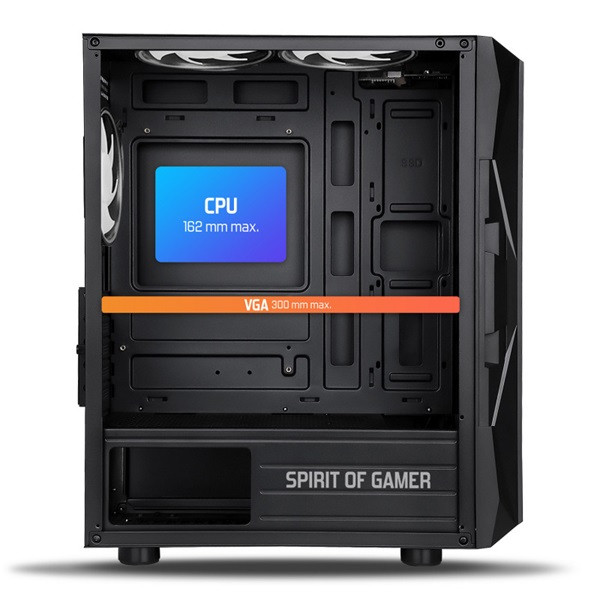 Spirit of gamer számítógépház - rogue vii rgb (fekete, ablakos, 6x12cm ventilátor, alsó táp,  atx, 1xusb3.0, 2xusb2.0)