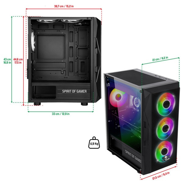 Spirit of gamer számítógépház - rogue vii rgb (fekete, ablakos, 6x12cm ventilátor, alsó táp,  atx, 1xusb3.0, 2xusb2.0)