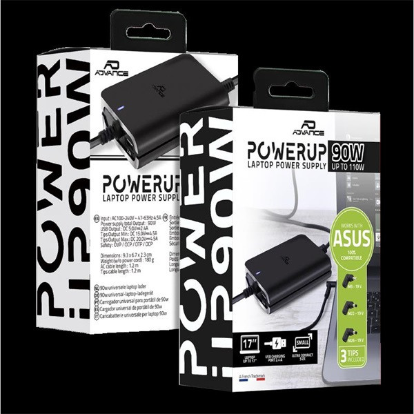 Advance notebook töltő - universal charger for asus laptops (90w, 4 csatlakozó, automata feszültség érzékelés, fekete)