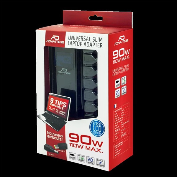 Advance notebook töltő - universal charger for laptops (90w, 9 csatlakozó, automata feszültség érzékelés, lcd, fekete)