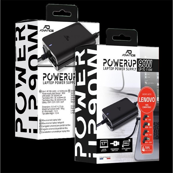 Advance notebook töltő - universal charger for lenovo laptops (90w, 4 csatlakozó, automata feszültség érzékelés, fekete)
