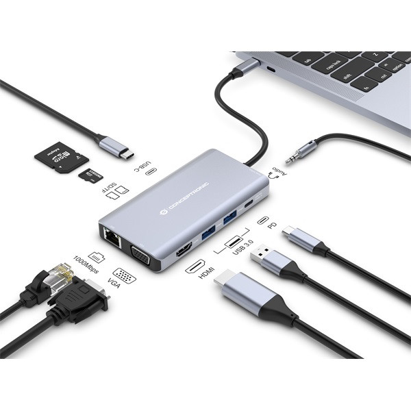 Conceptronic notebook dokkoló - donn20g (usb-c to hdmi/vga/usb-c pd/usb 3.0/sd/tf/gbe/aux)