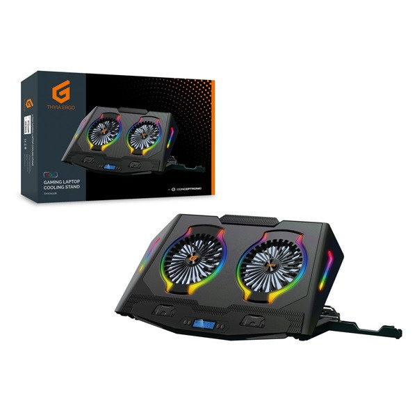 Conceptronic notebook hűtőpad 17"-ig - thyia02b (usb, 2x12,5cm, lcd kijelző, állítható magasság, csúszásmentes, fekete)