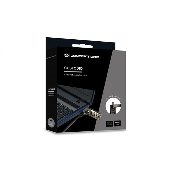 Conceptronic notebook kábelzár - custodio01bn  (számzáras, nano security slot, 1,8m)