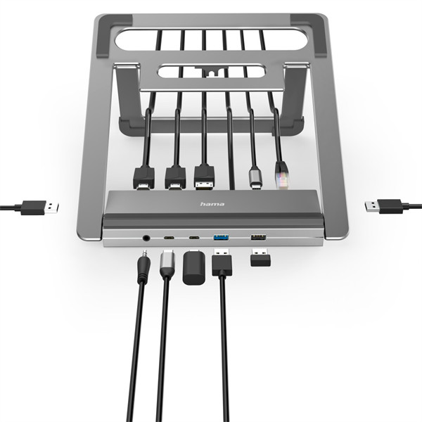 Hama usb hub + állvány - 200139 (usb-c 12in1, 4xusb, 2xhdmi, 1xdp, 1xlan, 3xusb-c, 1xaux, 100w pd, szürke)