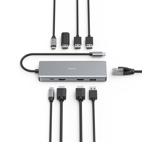 Hama usb hub - 200142 (usb-c 9in1, 4xusb 3.1, 2xusb-c, 2xhdmi, 1xlan, 100w pd, szürke)