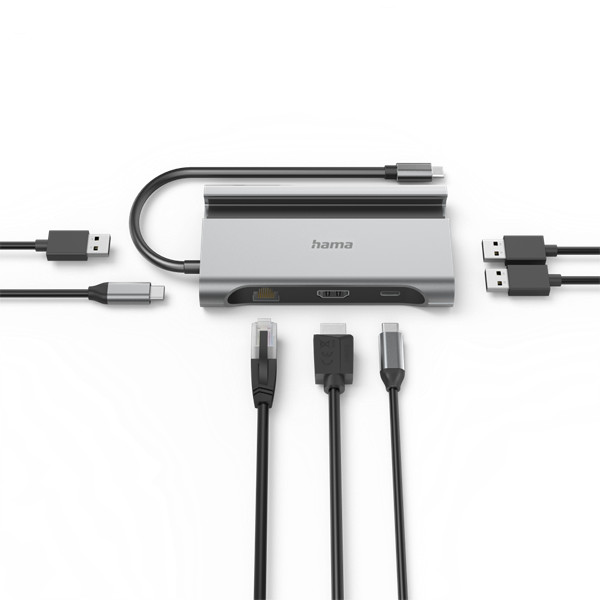 Hama usb hub - 200143 (usb-c 7in1, 3xusb 3.1, 2xusb-c, 1xhdmi, 1xlan, 100w pd, szürke)
