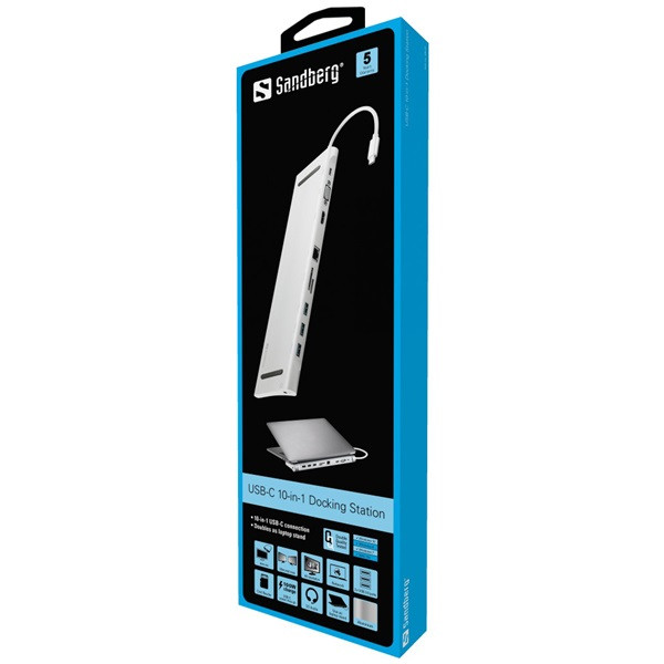 Sandberg notebook dokkoló - usb-c 10-in-1 docking station (usb-c, hdmi/vga, 3x usb3.0, 1x rj-45, audio, kártyaolvasó)