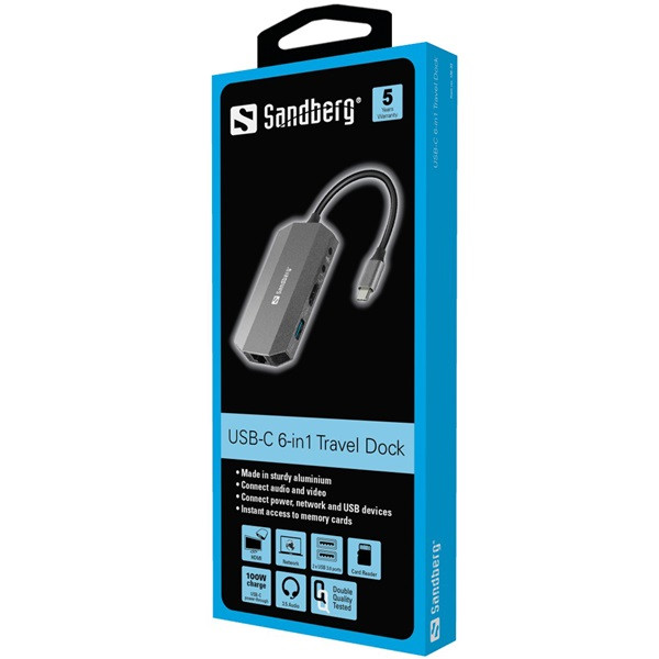 Sandberg notebook dokkoló - usb-c 6in1 travel dock (usb-c bemenet; hdmi+2xusb3.0+usb-c+rj45+sd kimenet)