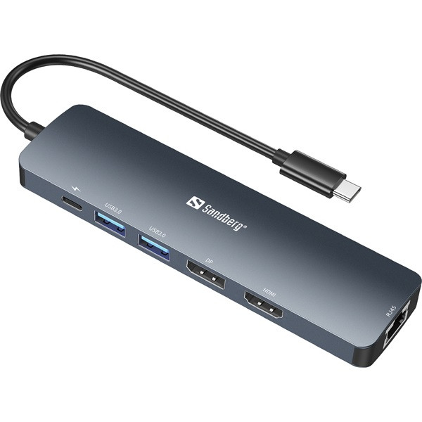 Sandberg notebook dokkoló - usb-c 8k display dock (bemenet: usb-c; kimenet: hdmi+dp+2xusb-a3.0+usb-c+rj45; 8k/30hz)