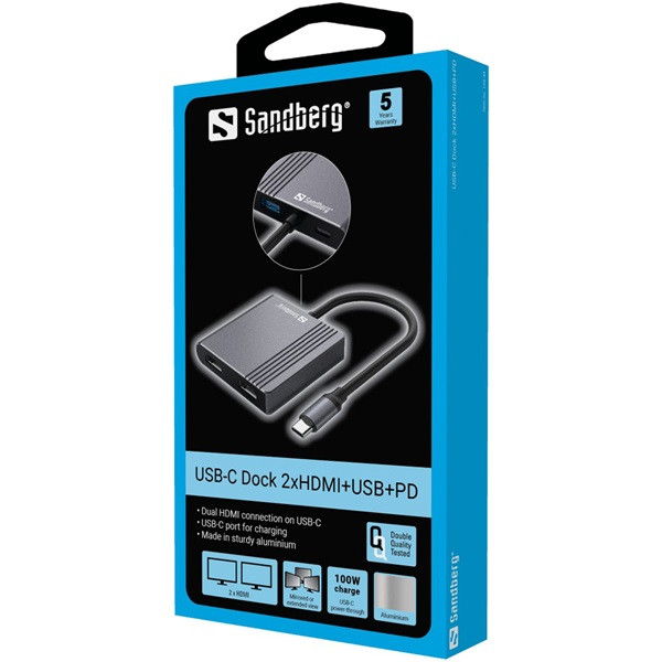 Sandberg notebook dokkoló - usb-c dock 2xhdmi+usb+pd (bemenet: usb-c; kimenet: 2xhdmi+usb-a3.0+usb-c)