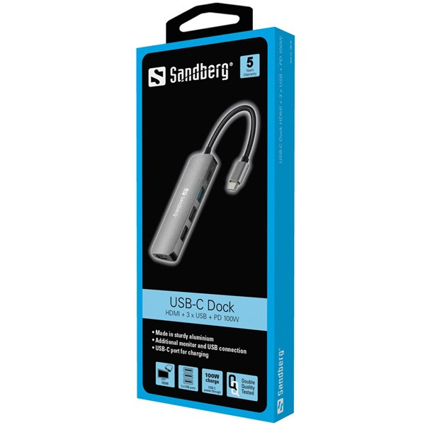 Sandberg notebook dokkoló - usb-c dock hdmi+3xusb+pd 100w (usb-c bemenet; hdmi+usb-c+1xusb-a3.0+2xusb-a2.0 kimenet)