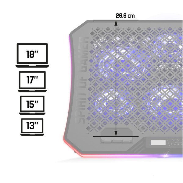 Spirit of gamer notebook hűtőpad 17"-ig - airblade 1200 rgb (18db; max. 79 m3/h; 3x11cm+3x70cm, rgb led, 2xusb2.0)