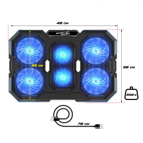 Spirit of gamer notebook hűtőpad 17"-ig - airblade 700 rgb (29db; max. 180 m3/h; 4x10cm+2x7cm, rgb led, 2xusb2.0)