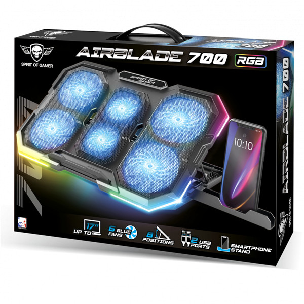 Spirit of gamer notebook hűtőpad 17"-ig - airblade 700 rgb (29db; max. 180 m3/h; 4x10cm+2x7cm, rgb led, 2xusb2.0)