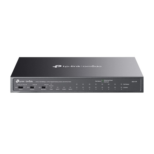 Tp-link switch  poe - ds111p (8x 100mbps + 2x 1gbps + 1x 1gbps sfp port; 8x at poe+ port; 65w)