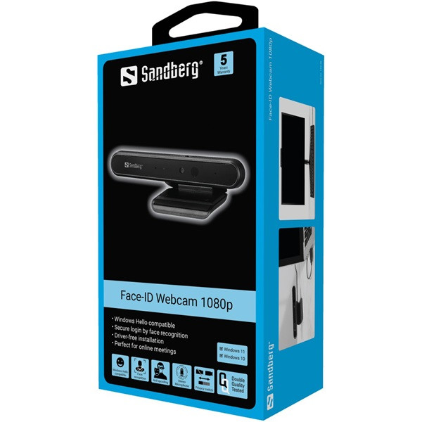 Sandberg webkamera - face-id webcam 1080p (1920x1080, 2mp, látószög: 72°, 30 fps, usb 2.0, univerzális csipesz,mikrofon)