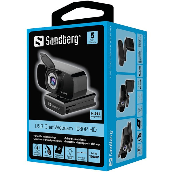 Sandberg webkamera - usb chat webcam 1080p hd (1920x1080, 30 fps, usb 2.0, univerzális csipesz, mikrofon, 1,5m kábel)