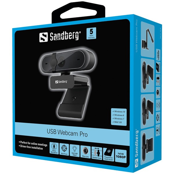 Sandberg webkamera - usb webcam pro (2592x1944 képpont, 5 megapixel, 30 fps, usb 2.0, univerzális csipesz, mikrofon)