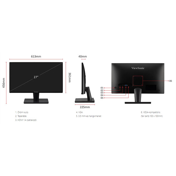 Viewsonic monitor 27" - va2715-h (va, 16:9, 1920x1080, 5ms, 250cd/m2, d-sub, hdmi, vesa)