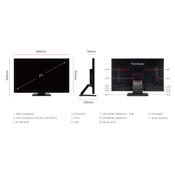 Viewsonic portable monitor 27" - td2760 (va,16:9, 1920x1080, 10 point touch, 6ms, 250cd/m2, vga, dp, hdmi, usb, spk)