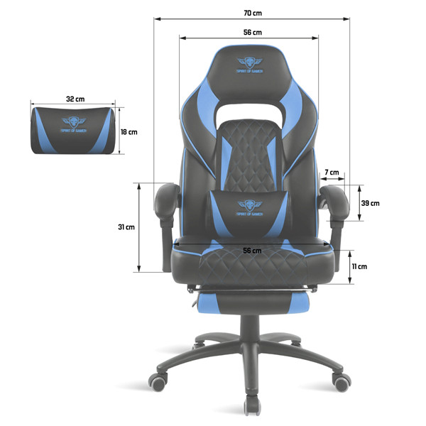 Spirit of gamer szék - mustang blue (állítható dőlés/magasság; kihajtható lábtartó; max.120kg-ig, kék)