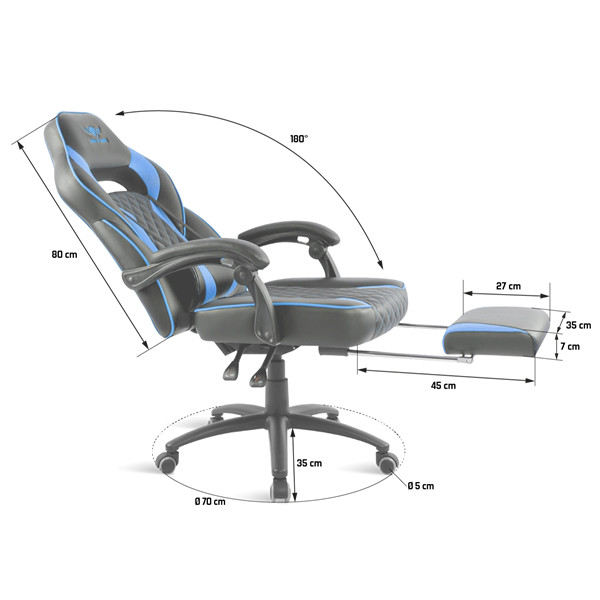 Spirit of gamer szék - mustang blue (állítható dőlés/magasság; kihajtható lábtartó; max.120kg-ig, kék)