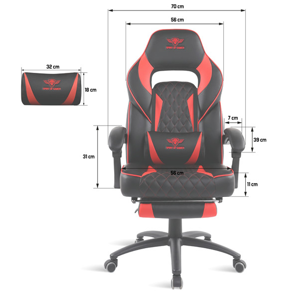 Spirit of gamer szék - mustang red (állítható dőlés/magasság; kihajtható lábtartó; max.120kg-ig, piros)