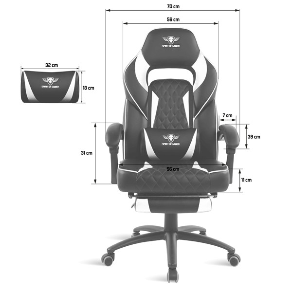 Spirit of gamer szék - mustang white (állítható dőlés/magasság; kihajtható lábtartó; max.120kg-ig, fehér)