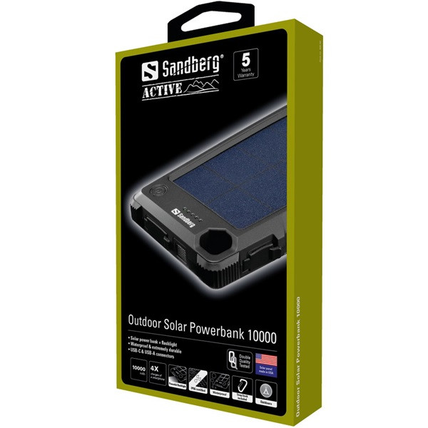 Sandberg akkubank - outdoor solar powerbank 10000 (napelem; vízálló, elemlámpa; usb-c+usb-a)