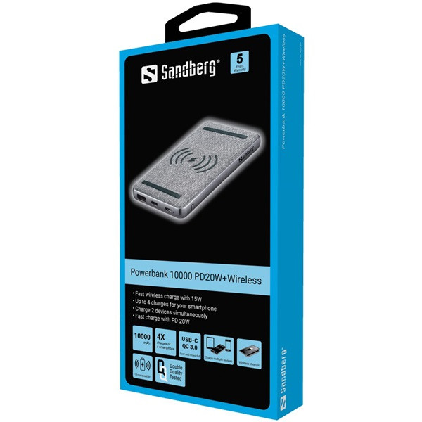 Sandberg akkubank - powerbank 10000 pd20w+wireless (csatlakozók: microusb/usb-c/usb-a, vezeték nélküli telefontöltés)