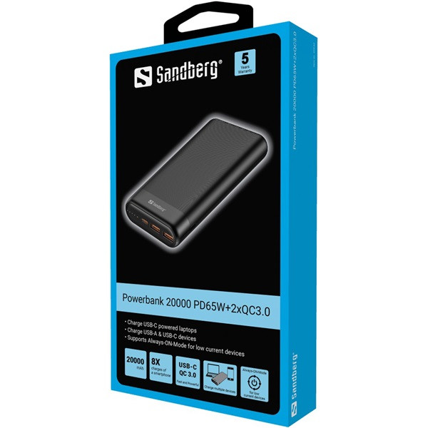 Sandberg akkubank - powerbank 20000 pd65w+2xqc3.0 (bemenet: usb-c, kimenet: 2xusb-a+usb-c)