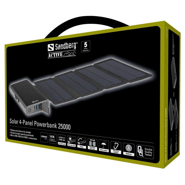 Sandberg akkubank - solar 4-panel powerbank 25000 (25000mah; 1xusb-c+2xusb-a; ipx4 vízálló)