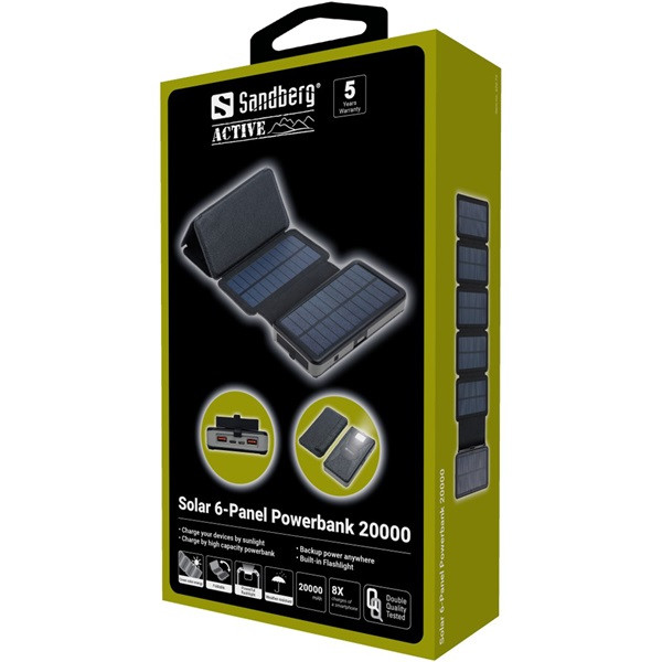 Sandberg akkubank - solar 6-panel powerbank 20000 (napelemes; kültéri; ipx4 cseppálló; led lámpa; 2xusb-a+usb-c)