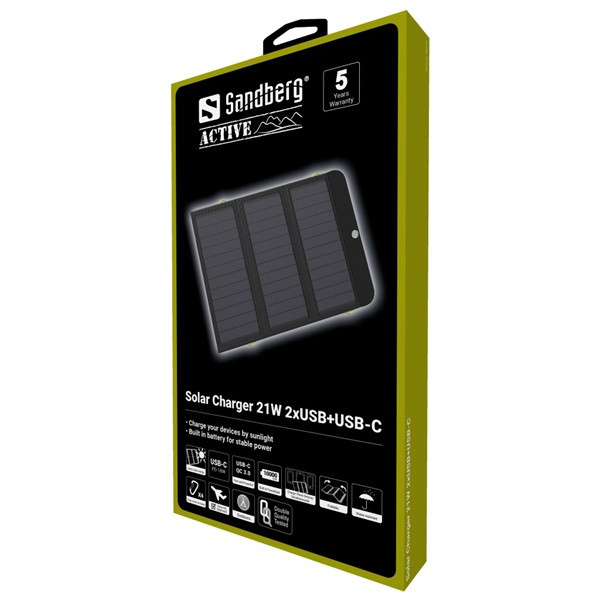 Sandberg akkubank - solar charger 21w 2xusb+usb-c