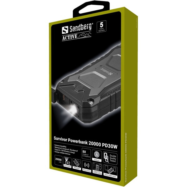 Sandberg akkubank - survivor powerbank 20000 pd30w (ip66, qi, qc, led lámpa, bemenet: usb-c, kimenet: usb-c+usb-a)