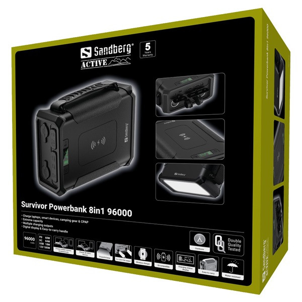 Sandberg akkubank - survivor powerbank 8in1 96000 (ipx4,bemenet: dc, kimenet: dc+2xusb-a qc+1xusb-c+2x szivargyujtó, qi)