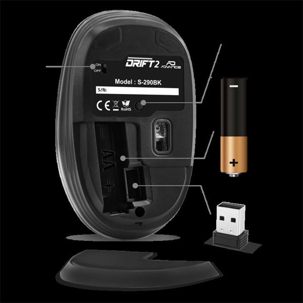 Advance egér vezeték nélküli - drift 2 (1600 dpi, 3 gomb, fekete)