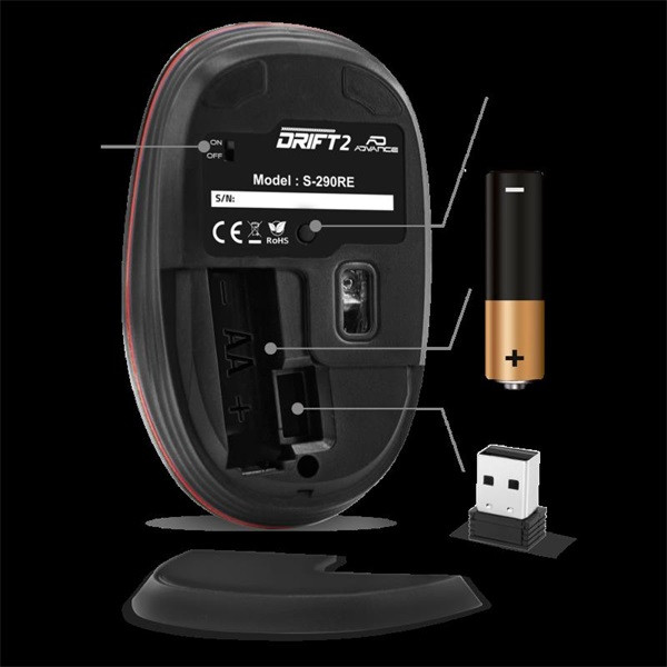 Advance egér vezeték nélküli - drift 2 (1600 dpi, 3 gomb, piros)