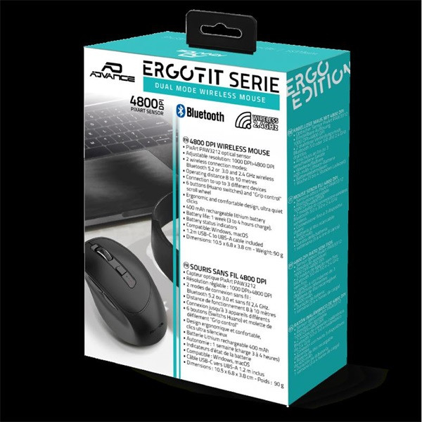 Advance egér vezeték nélküli - ergofit (4800 dpi, 6 gomb, ergonomikus, fekete)