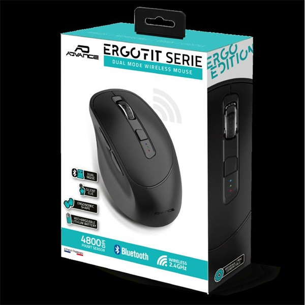 Advance egér vezeték nélküli - ergofit (4800 dpi, 6 gomb, ergonomikus, fekete)