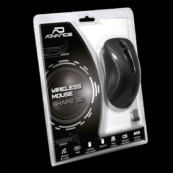 Advance egér vezeték nélküli - shape 3d (1600 dpi, 3 gomb, ergonomikus, fekete)