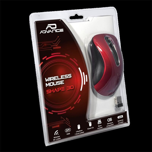 Advance egér vezeték nélküli - shape 3d (1600 dpi, 3 gomb, ergonomikus, piros)