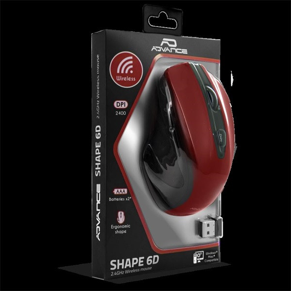 Advance egér vezeték nélküli - shape 6d (2400 dpi, 6 gomb, ergonomikus, piros)
