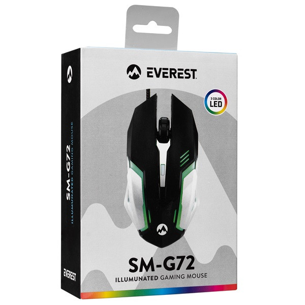 Everest egér - sm-g72  (1200 dpi, 4gomb, 1,5m kábel, optikai, fekete, rgb led)