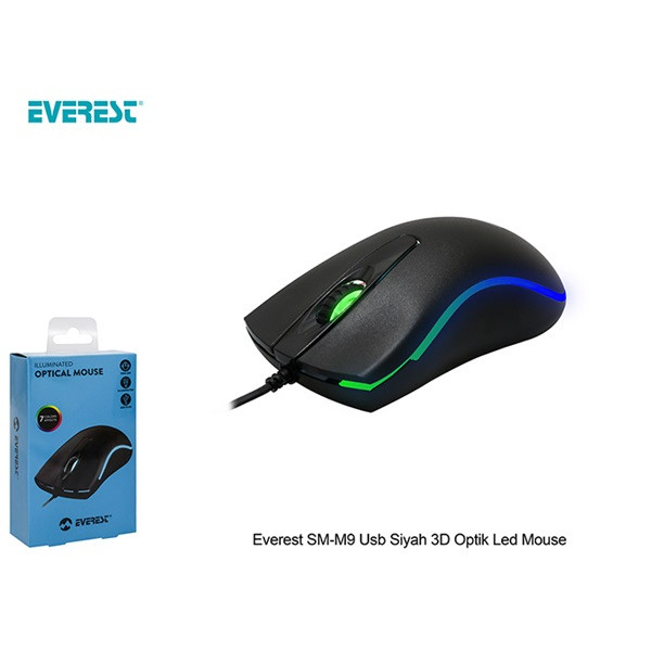 Everest egér - sm-m9 (1000 dpi, 3gomb, 1,35m kábel, optikai, fekete, led)