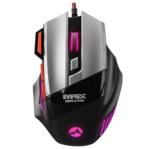Everest egér gamer és egér pad - sgm-x7 pro (7200dpi, 7 gomb, harisnyázott kábel, fekete)