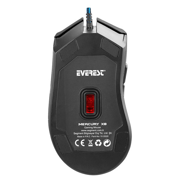 Everest gamer egér - mercury x8  (3200 dpi, 6gomb, 1,8m harisnyázott kábel, optikai, fekete, rgb led)
